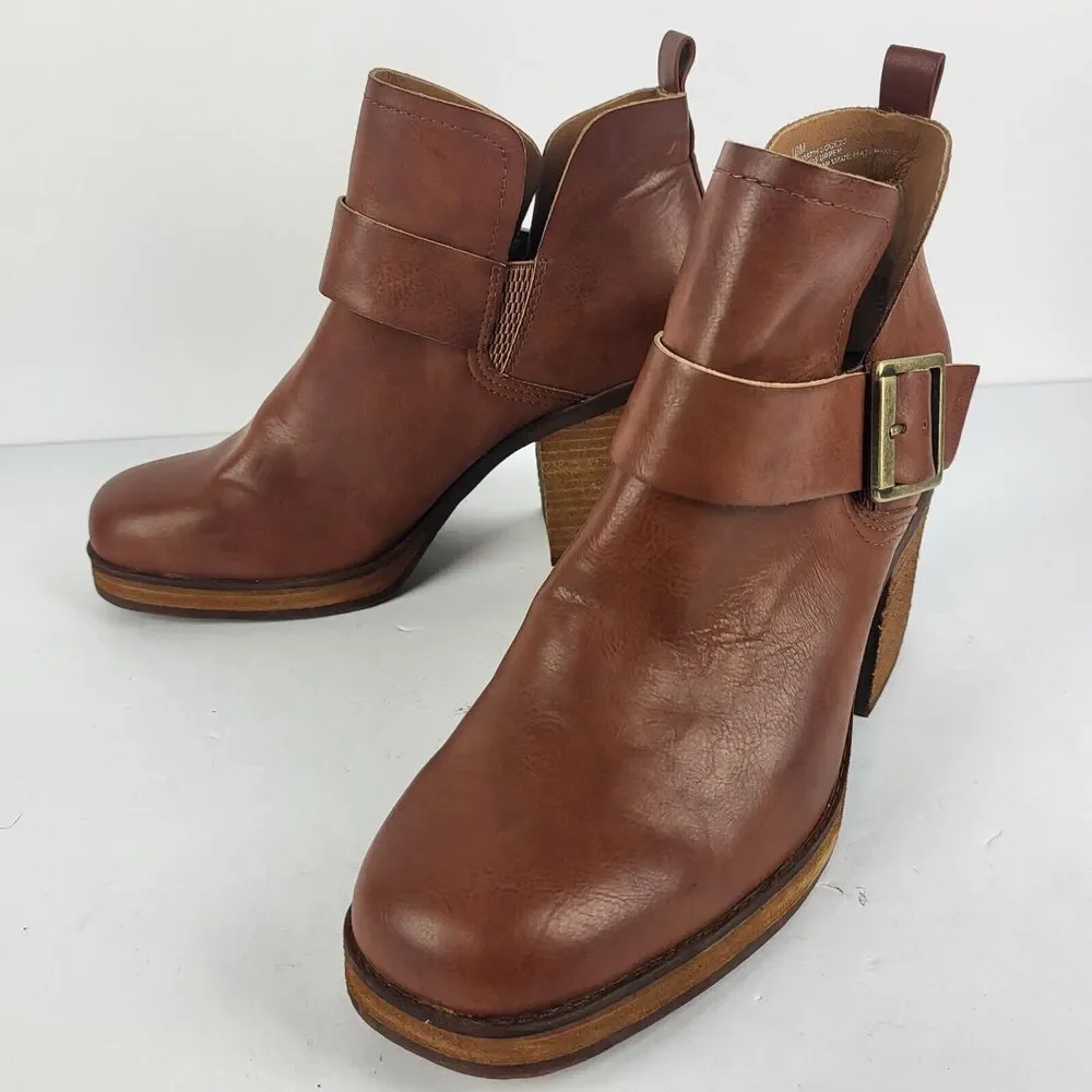 Korks Kari Ankle Booties Pull On Buckle Tan Comfort Padded Wooden 10 M